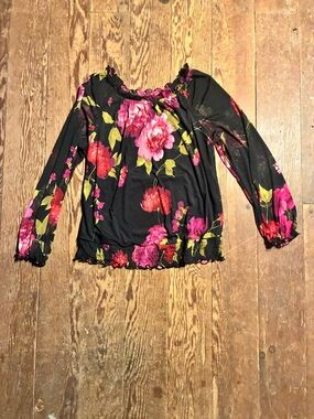 Enfocus Studio Black Floral Long-Sleeve Blouse with Pink & Red Blooms